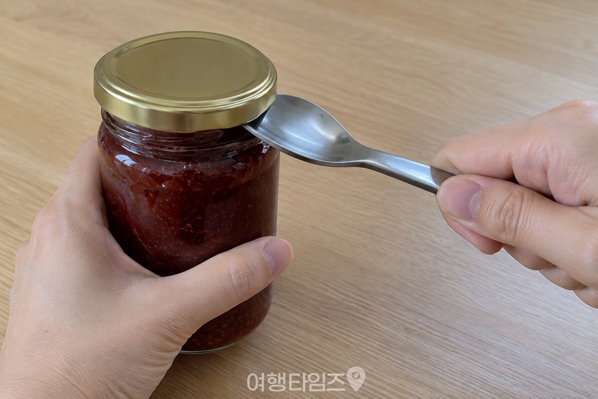 숟가락 자루를 병 쪽으로 눌러 뚜껑 테두리를 아주 조금 들어 올리는 모습. / 기사 이해를 돕기 위한 생성형 이미지