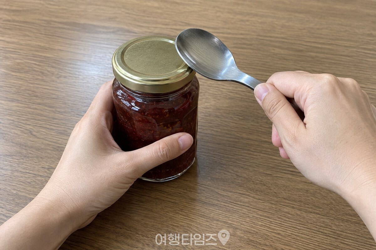 한 손으로 잼병 몸통을 잡고 굵은 스테인리스 숟가락을 준비한 모습. / 기사 이해를 돕기 위한 생성형 이미지