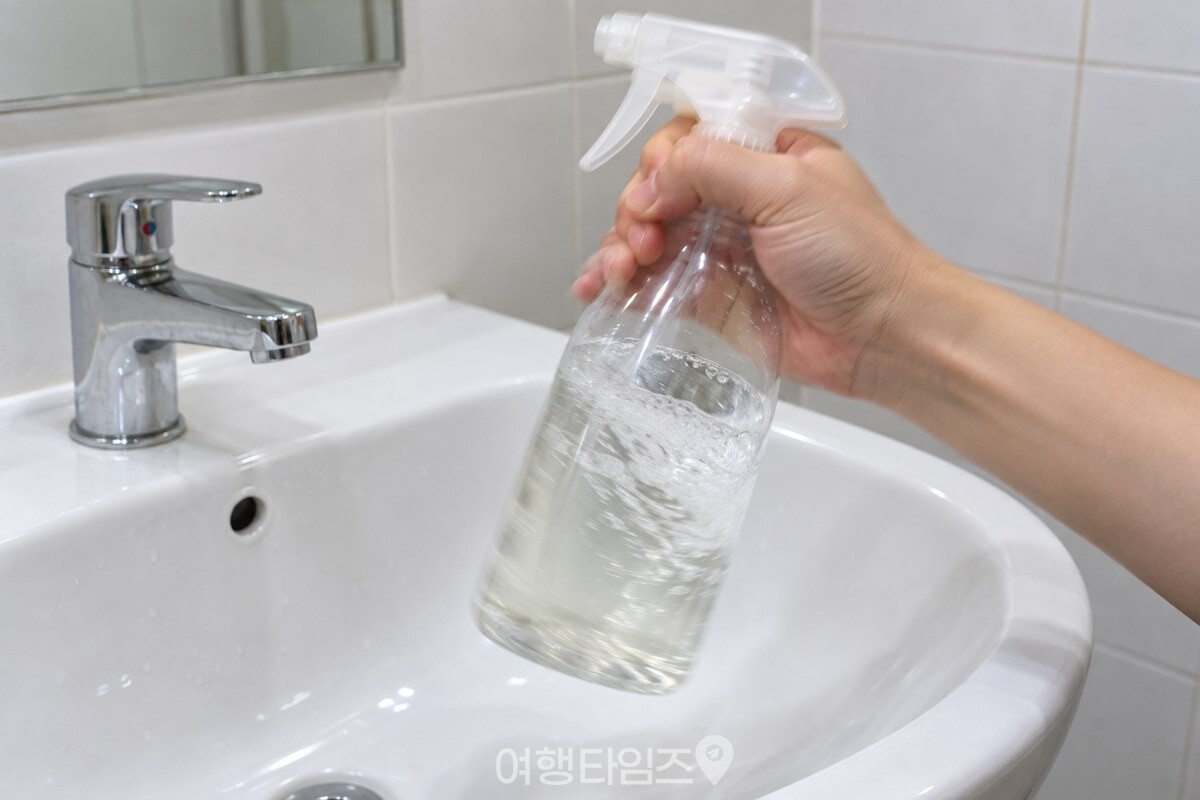 린스와 물을 1대 3으로 담은 투명 분무기를 욕실 세면대 위에서 흔들어 섞는 손. / 기사 이해를 돕기 위한 생성형 이미지