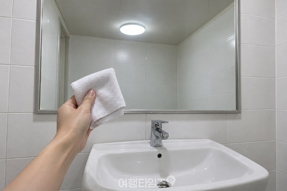 마른 천의 깨끗한 면으로 마무리해 선명하게 비치는 욕실 거울 표면. / 기사 이해를 돕기 위한 생성형 이미지