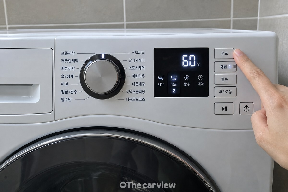 세탁기 화면에 60도 온수와 추가 헹굼 설정이 함께 표시된 모습. / 기사 이해를 돕기 위한 생성형 이미지