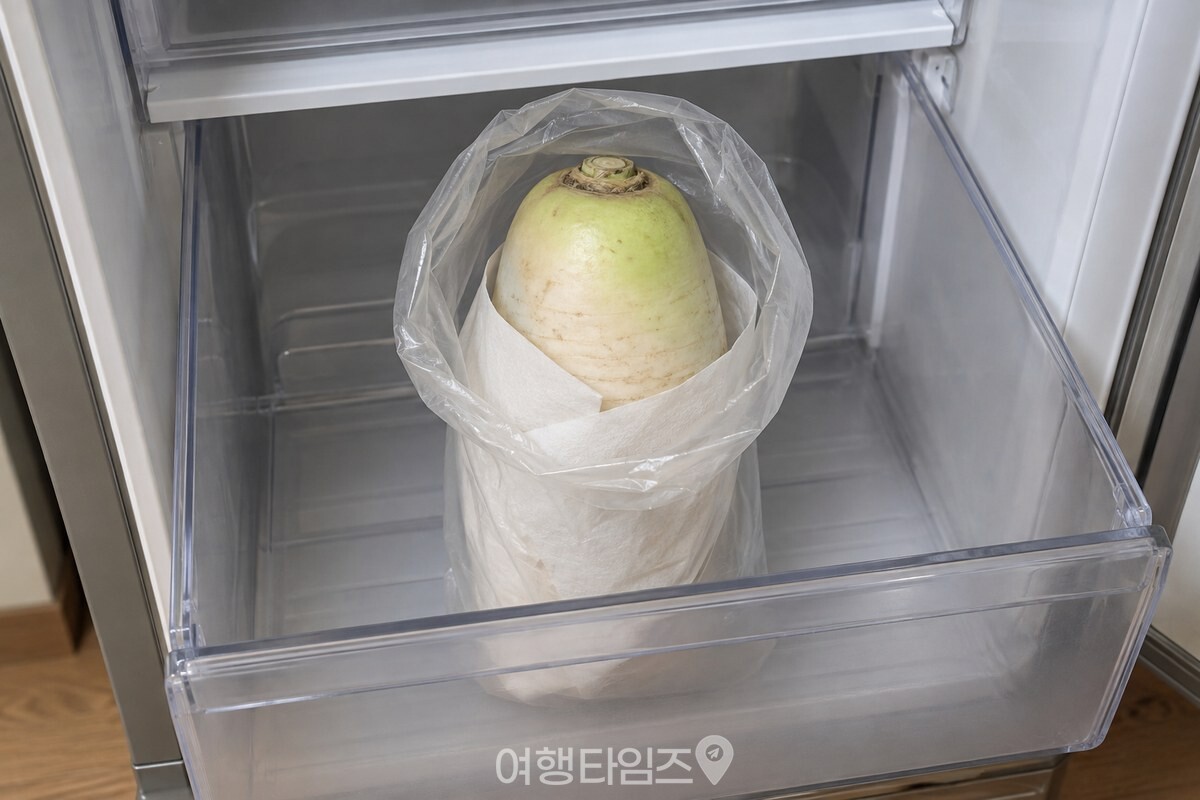 종이로 감싼 무를 느슨하게 접은 비닐봉지에 넣어 채소칸에 세워 둔 모습. / 기사 이해를 돕기 위한 생성형 이미지