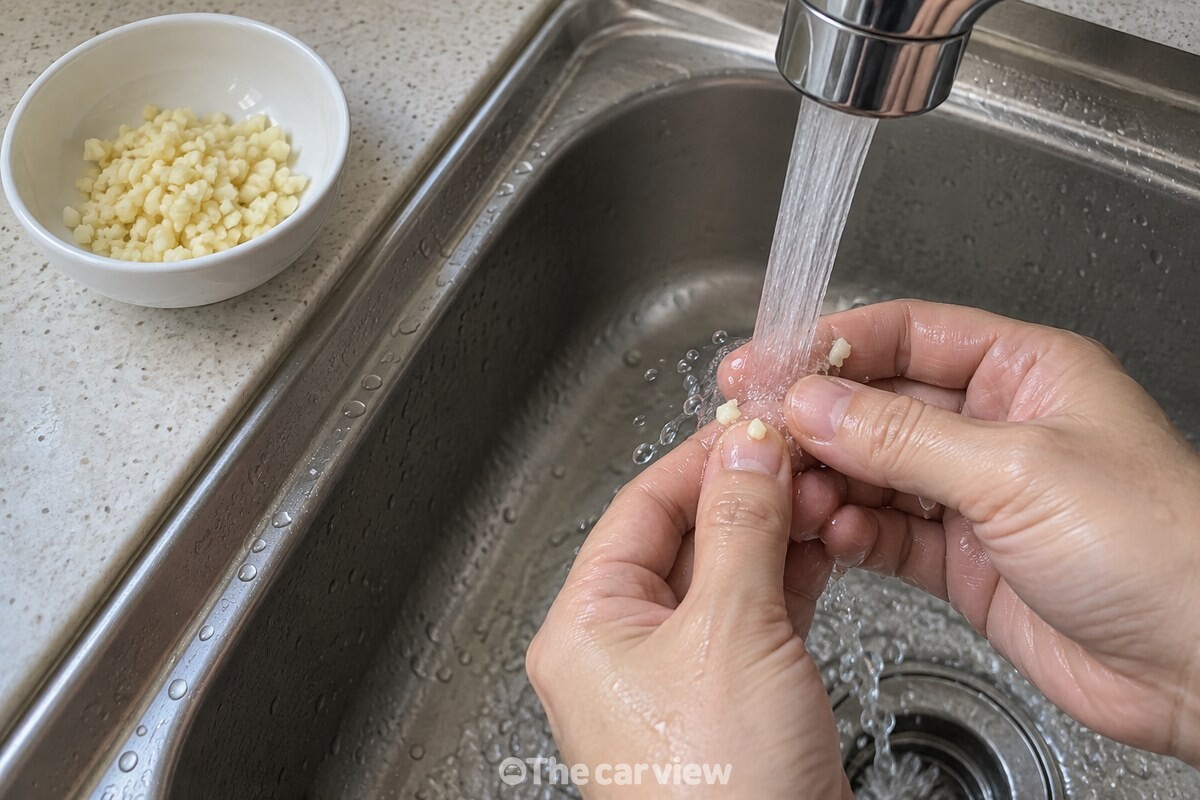 다진 마늘 옆에서 손끝과 손톱 밑에 남은 조각을 물로 헹구는 모습. / 기사 이해를 돕기 위한 생성형 이미지