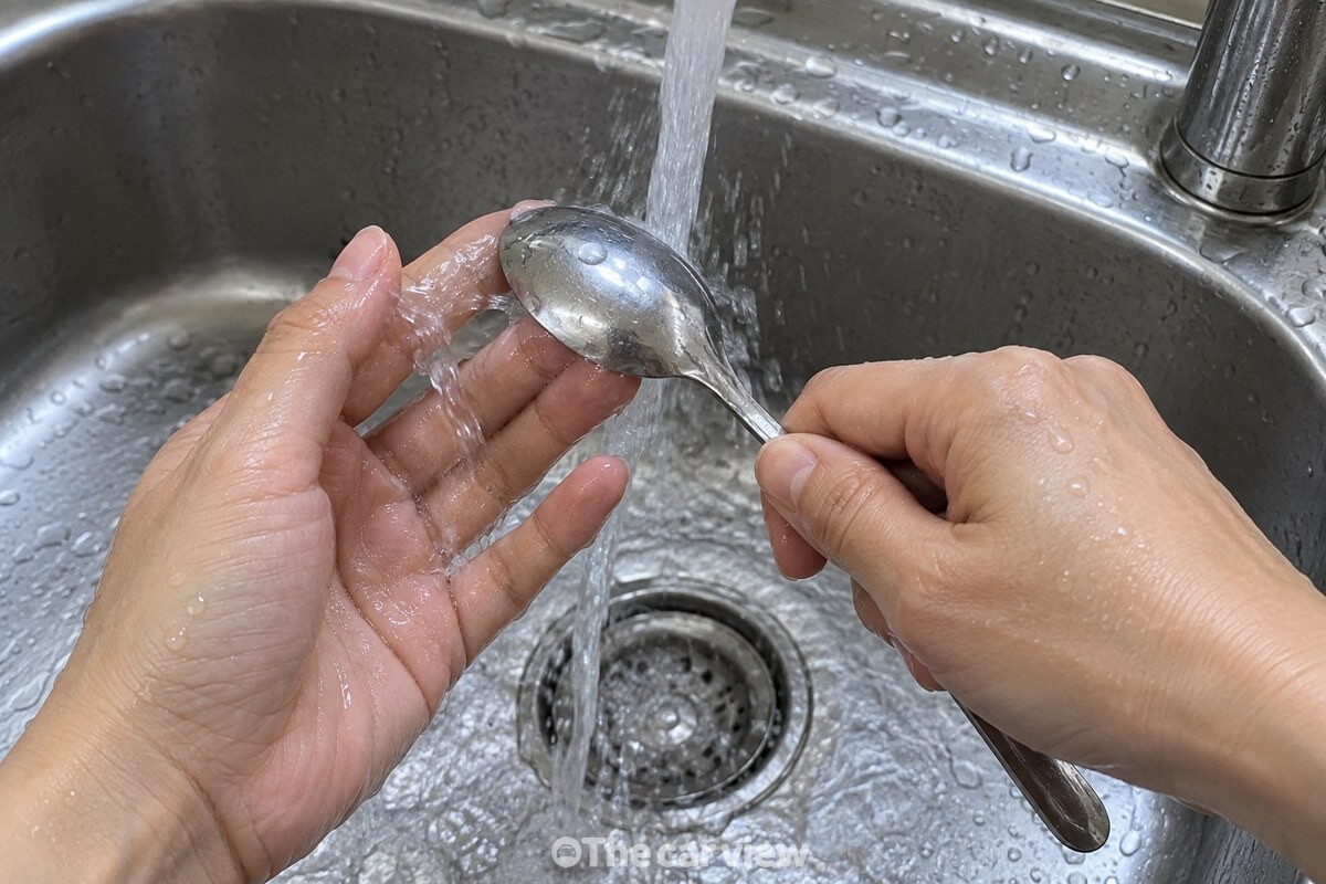 흐르는 물 아래에서 숟가락 뒷면으로 손톱 끝과 손가락 사이를 문지르는 모습. / 기사 이해를 돕기 위한 생성형 이미지