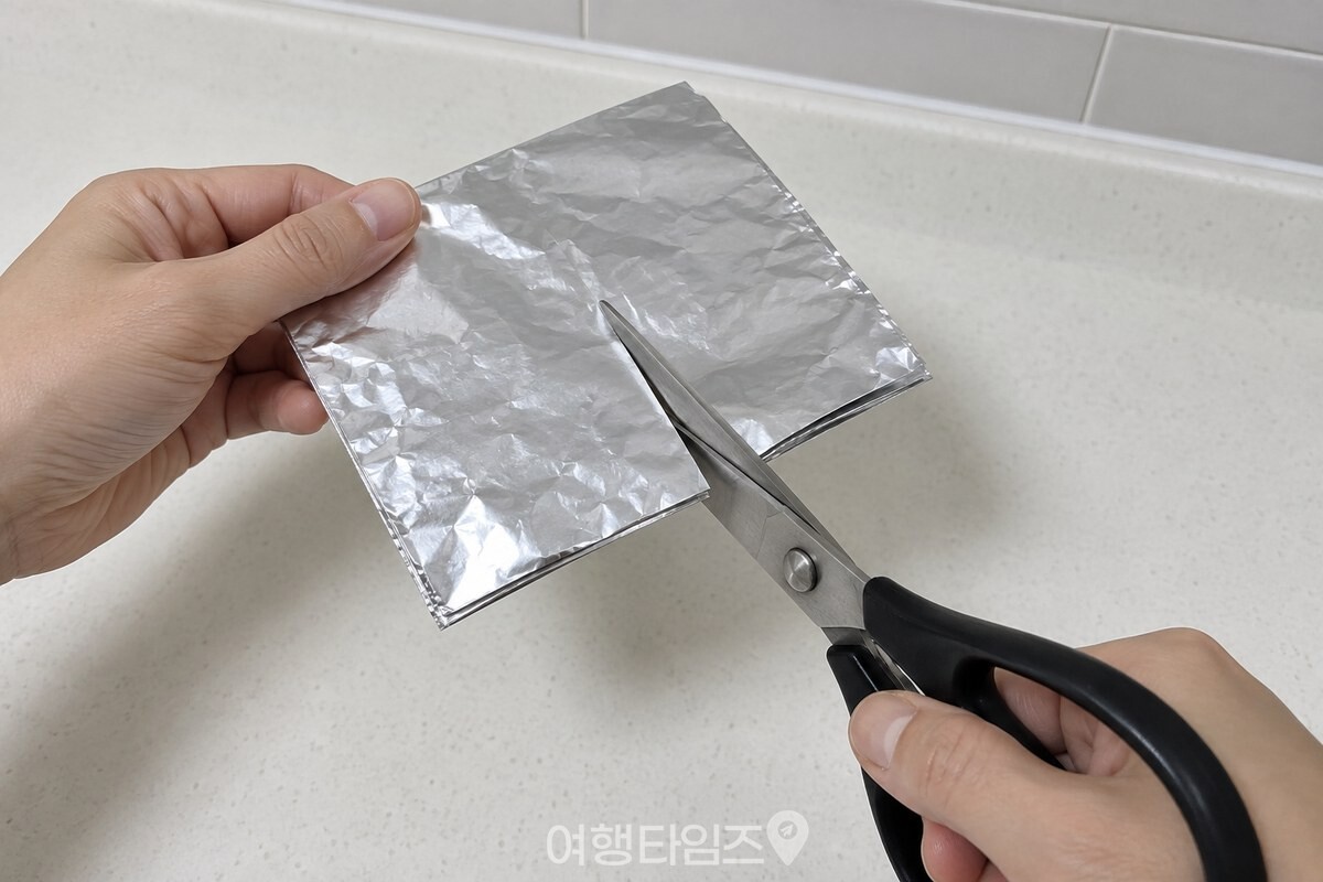 네다섯 겹으로 접은 작은 은박지를 주방 가위로 자르는 모습. / 기사 이해를 돕기 위한 생성형 이미지