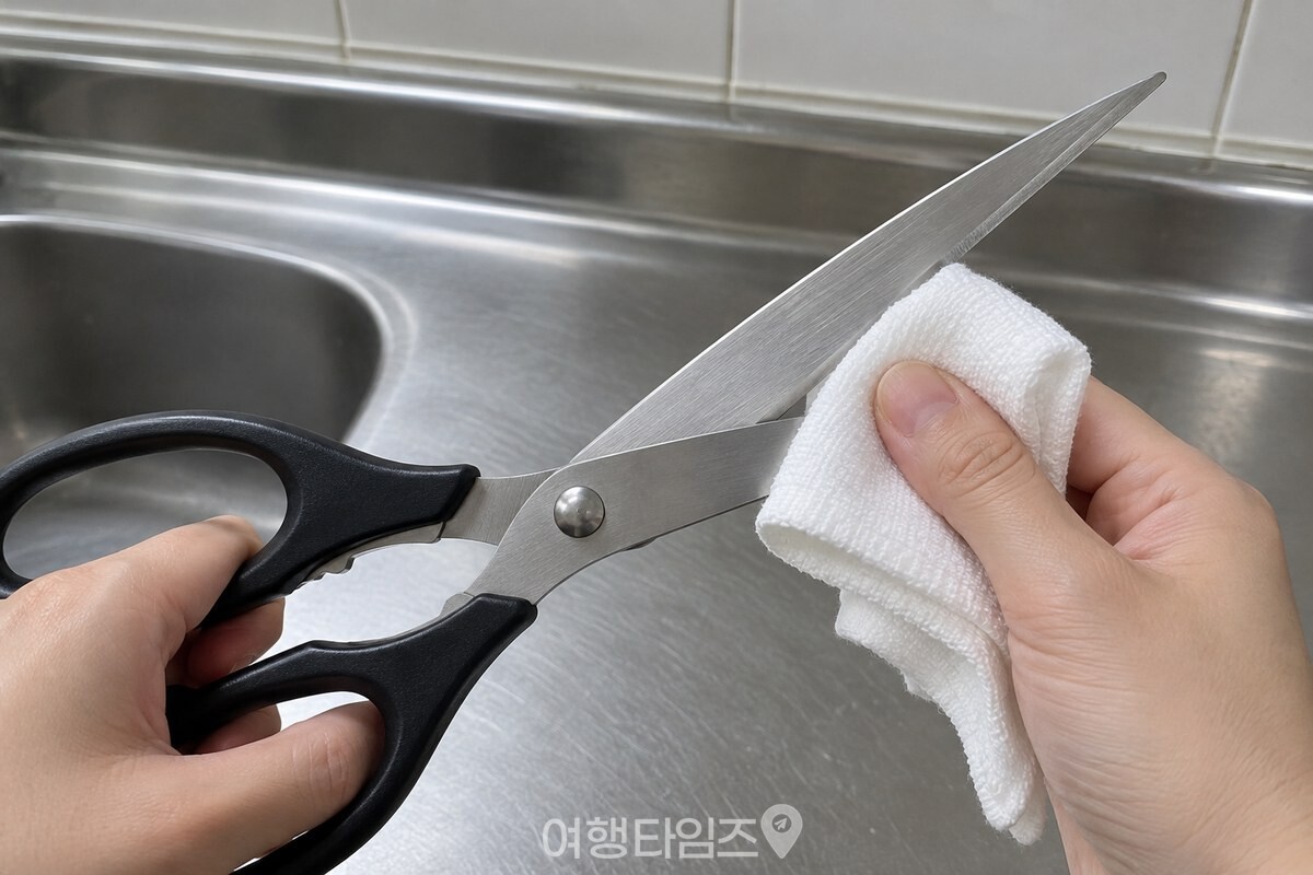 두툼하게 접은 키친타월을 쥐고 가위 날의 안쪽 면을 한 방향으로 닦는 모습. / 기사 이해를 돕기 위한 생성형 이미지