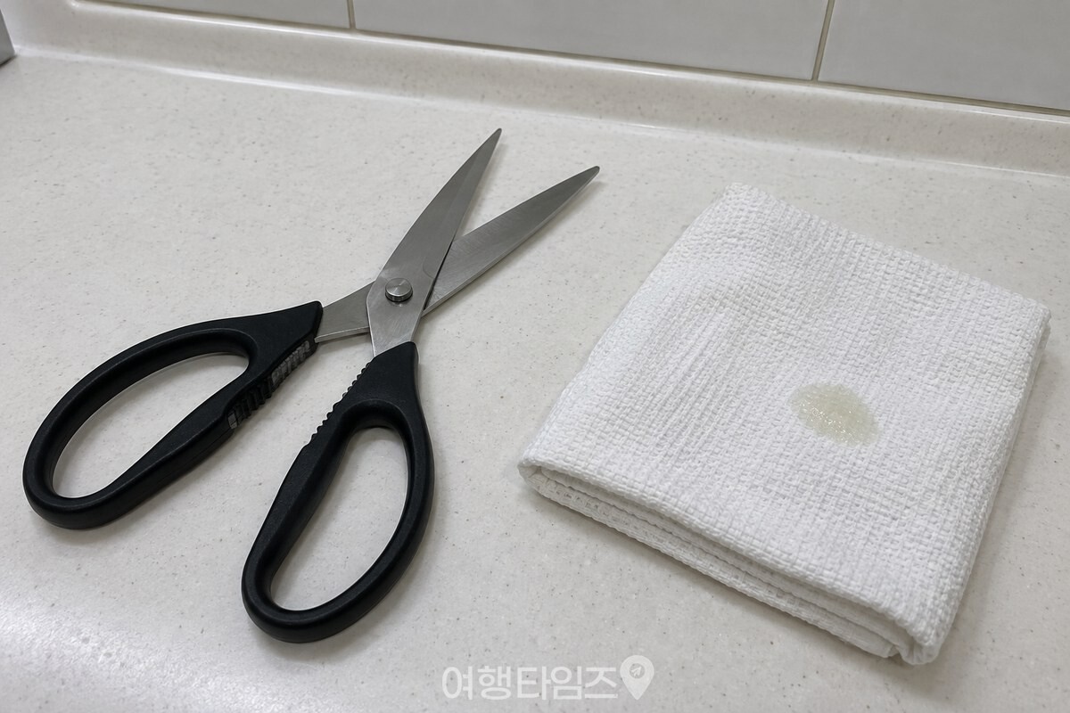 식용유 한두 방울이 번진 키친타월과 벌려 둔 주방 가위. / 기사 이해를 돕기 위한 생성형 이미지