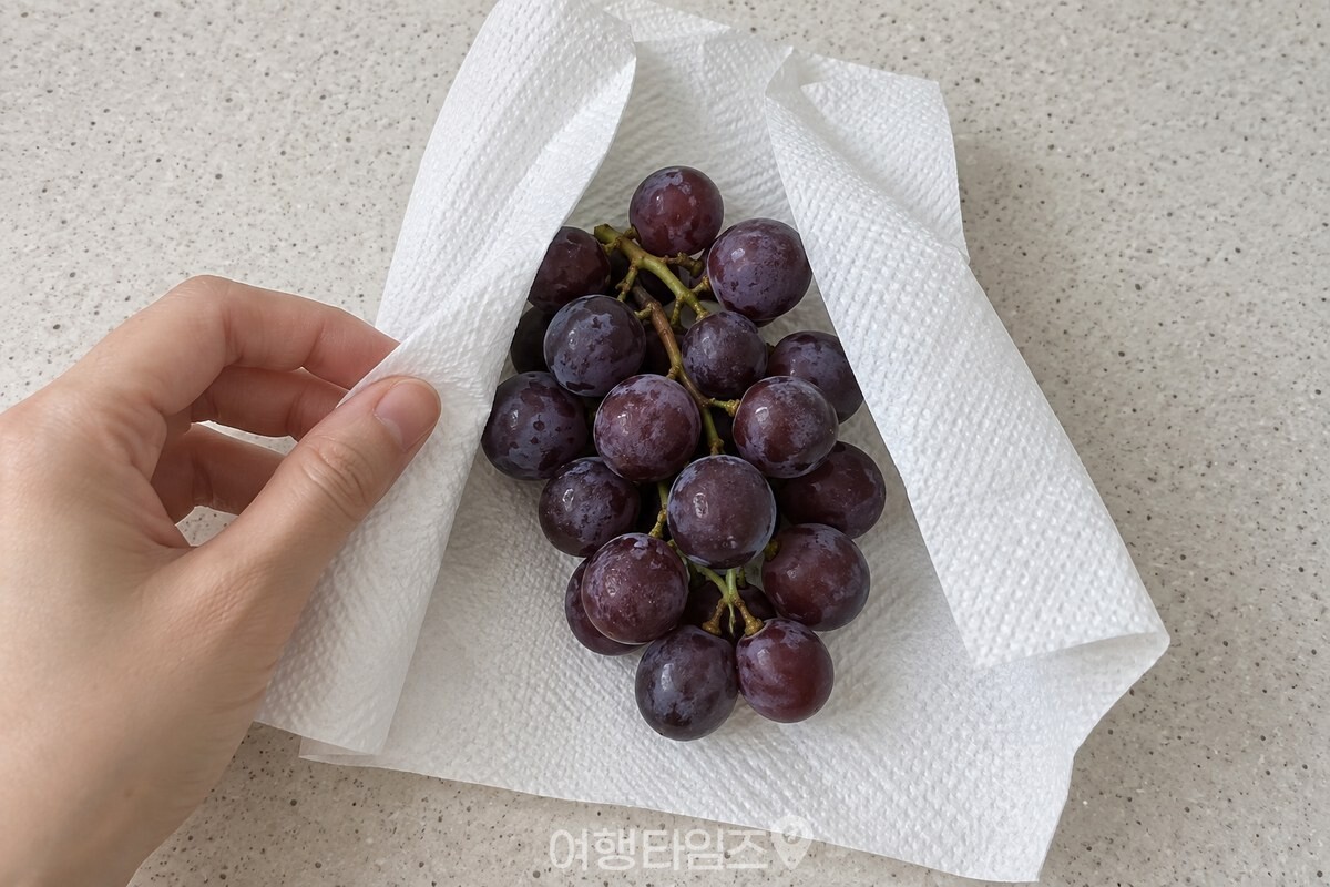 작은 포도 송이를 종이 타월 위에 올리고 양옆을 느슨하게 접어 감싼 모습. / 기사 이해를 돕기 위한 생성형 이미지