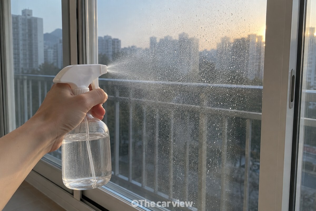 유리창 위쪽부터 세정액을 고르게 뿌리는 손과 분사 범위가 보이는 장면. / 기사 이해를 돕기 위한 생성형 이미지