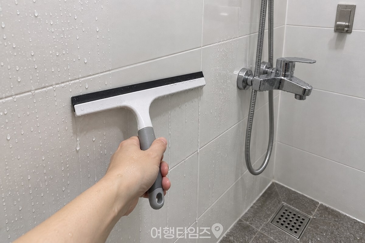 욕실 벽에 찬물을 뿌린 뒤 짧은 손잡이 스퀴지를 바로 꺼내 든 모습. / 기사 이해를 돕기 위한 생성형 이미지