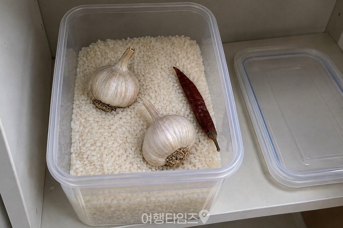 투명한 쌀통의 쌀 위에 마른 통마늘과 건고추가 놓여 있다. / 기사 이해를 돕기 위한 생성형 이미지
