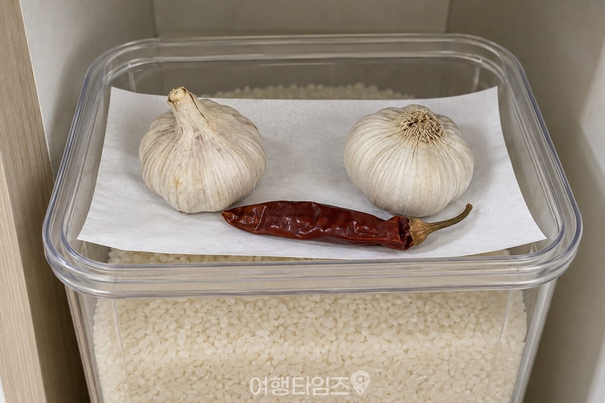 좁은 쌀통 입구 위에 흰 종이를 깔고 마늘과 건고추를 올려 두었다. / 기사 이해를 돕기 위한 생성형 이미지