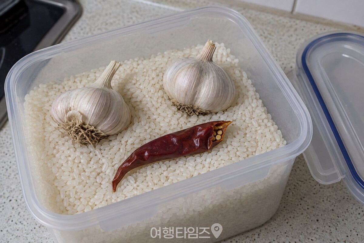 마른 통마늘 두 쪽과 씨가 든 건고추 한 개를 쌀 위에 올려 두는 모습이다. / 기사 이해를 돕기 위한 생성형 이미지