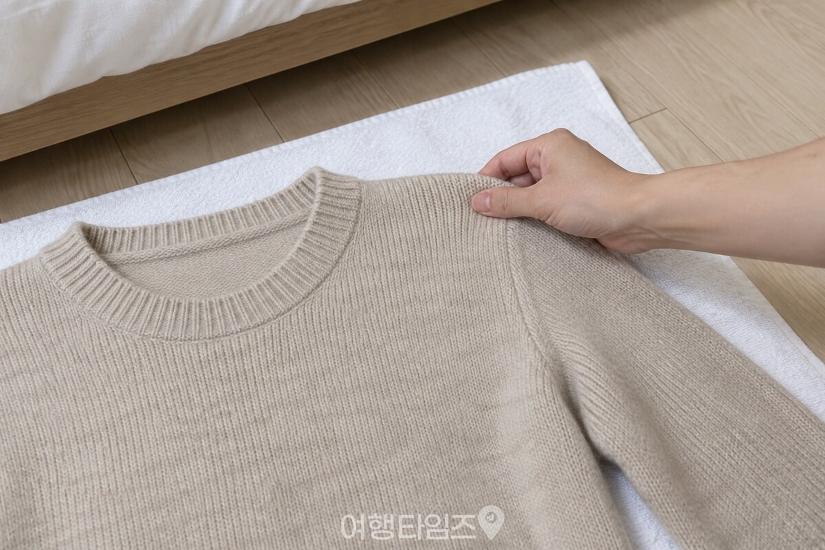 마른 수건 위에 펼친 니트의 한쪽 어깨 끝을 손으로 둥글게 모으는 모습. / 기사 이해를 돕기 위한 생성형 이미지