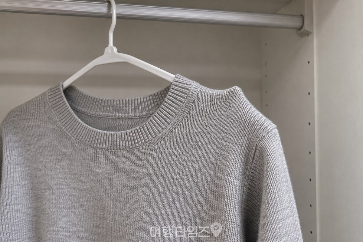 얇은 플라스틱 옷걸이 끝에 걸린 니트 어깨가 한쪽에서만 뾰족하게 솟아 있는 모습. / 기사 이해를 돕기 위한 생성형 이미지