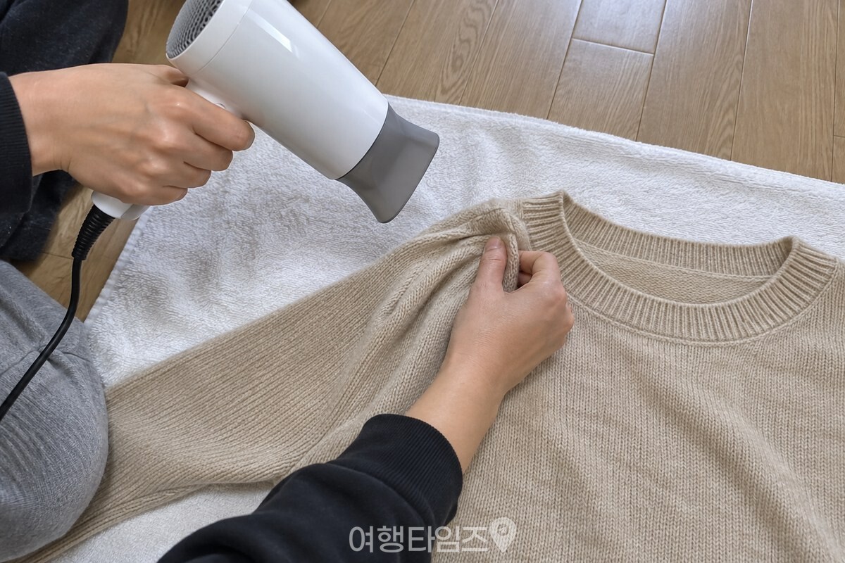 드라이기 바람을 쐬며 니트 어깨 끝의 원단을 목 쪽으로 모아 주는 모습. / 기사 이해를 돕기 위한 생성형 이미지