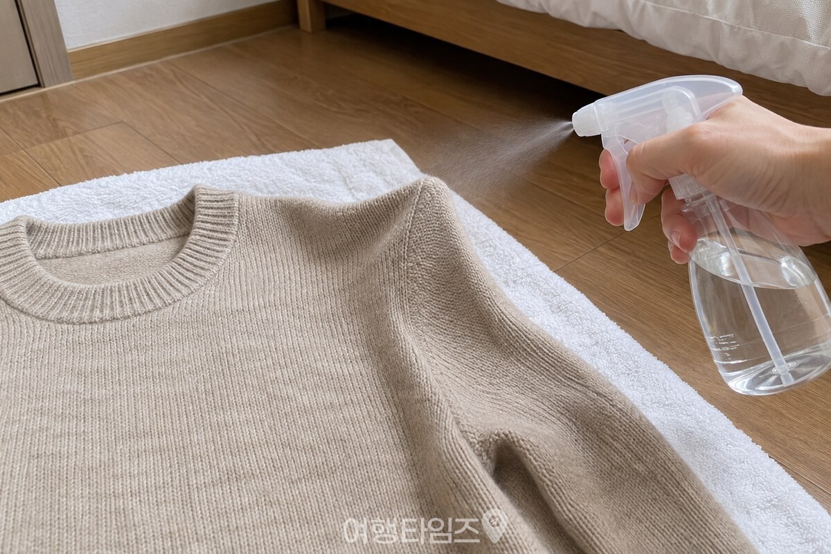 마른 수건 위 니트의 솟은 어깨 부분에 분무기로 물을 뿌리는 모습. / 기사 이해를 돕기 위한 생성형 이미지