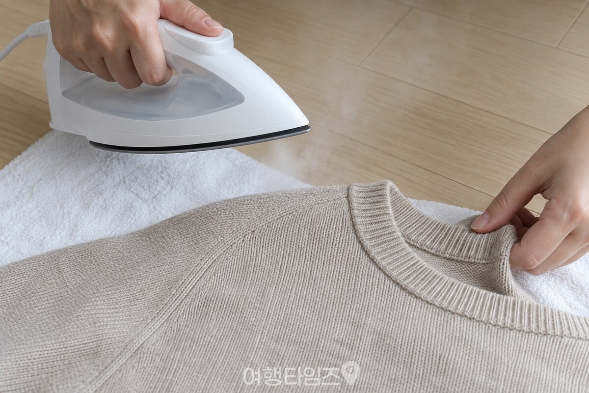니트 어깨 위에 스팀 다리미 바닥을 닿지 않게 띄우고 손으로 원단을 모으는 모습. / 기사 이해를 돕기 위한 생성형 이미지
