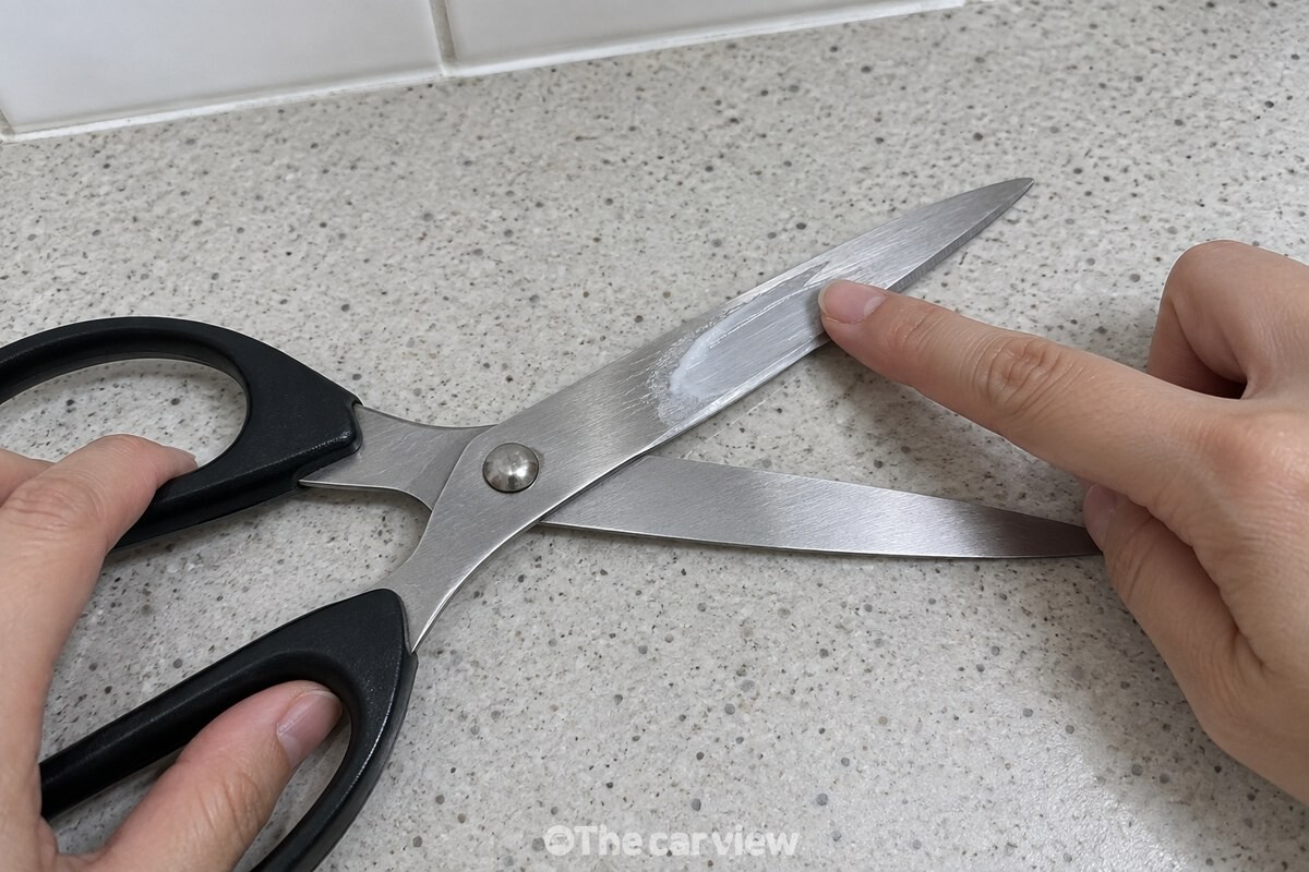 가위를 활짝 벌린 뒤 안쪽 날의 끈끈이 자리에 선크림을 얇게 펴 바르는 장면. / 기사 이해를 돕기 위한 생성형 이미지