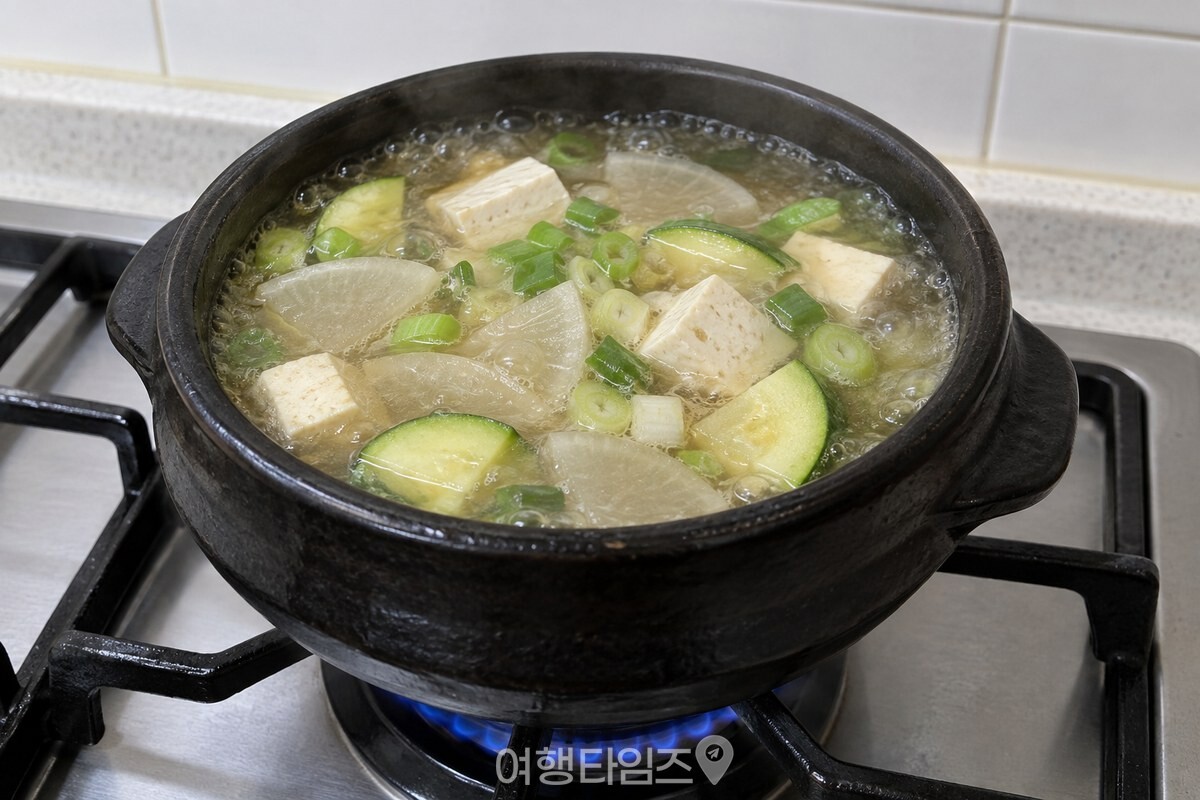 얇은 반달 모양 무와 두부, 애호박을 넣은 된장찌개가 뚝배기에서 끓고 있다. / 기사 이해를 돕기 위한 생성형 이미지