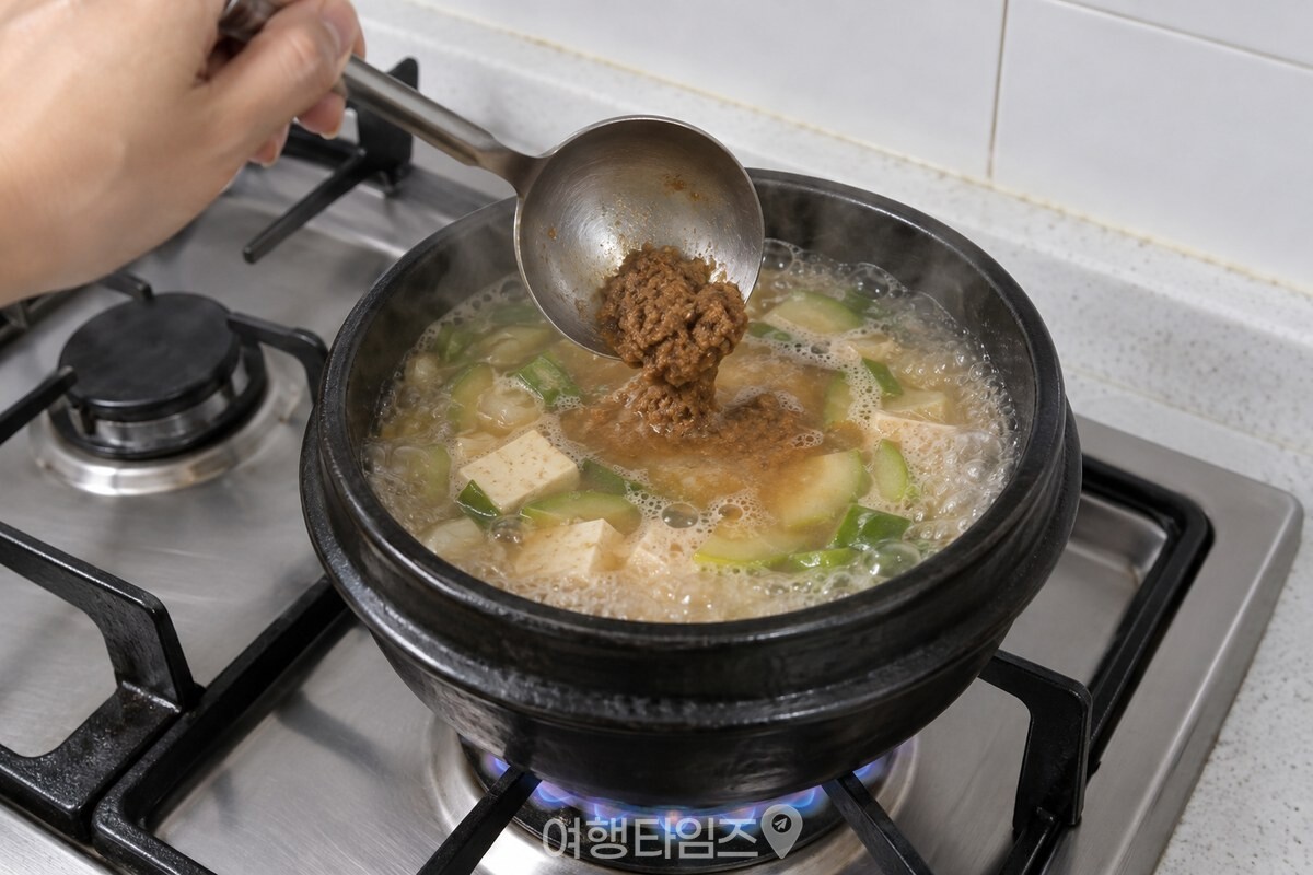 국자에 담긴 된장을 끓는 육수에 풀어 넣는 모습이다. / 기사 이해를 돕기 위한 생성형 이미지