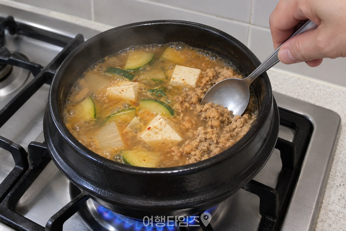 숟가락으로 청국장을 눌러 으깨며 끓는 찌개 국물에 풀고 있다. / 기사 이해를 돕기 위한 생성형 이미지