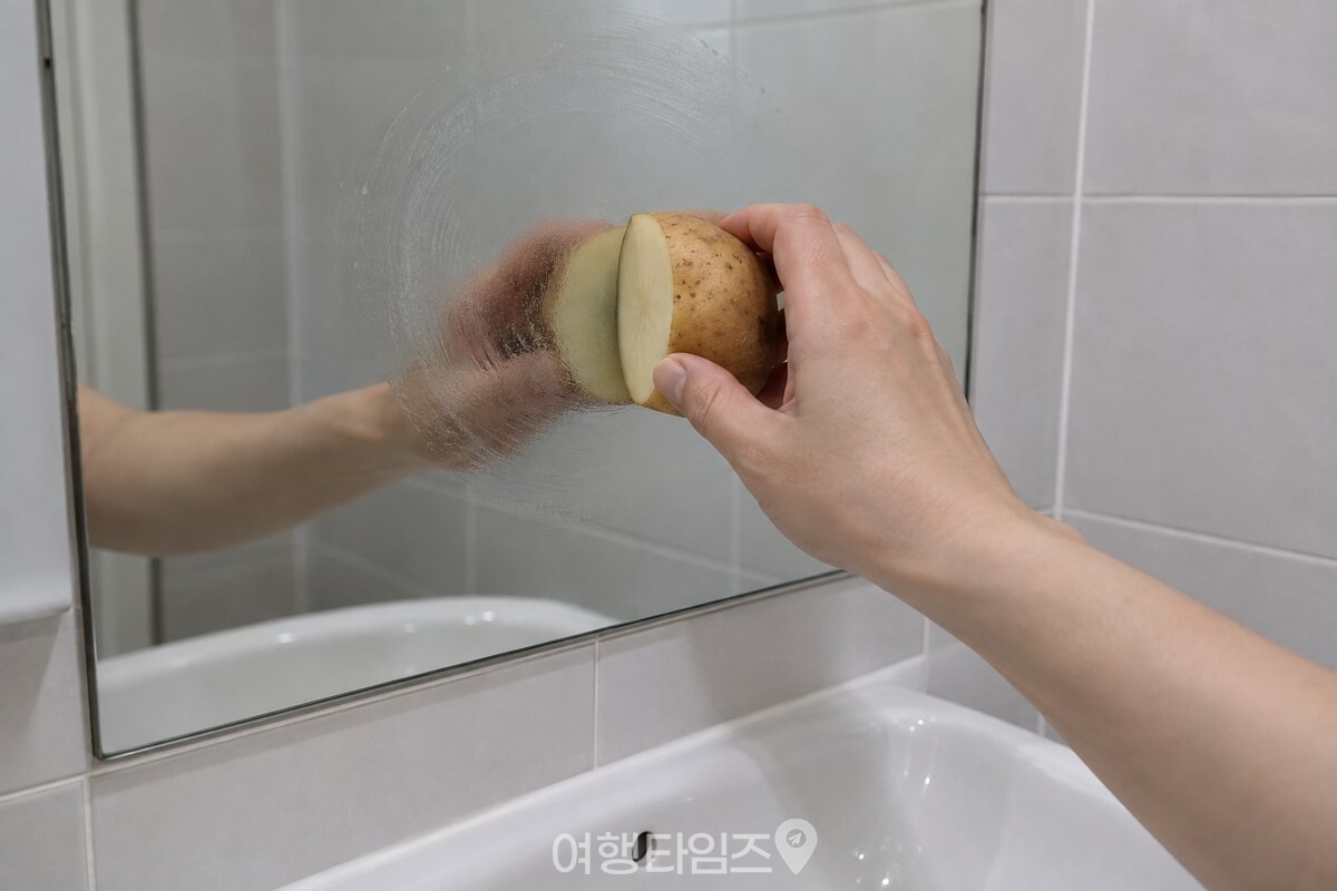 감자 단면을 거울에 대고 넓게 원을 그리며 문지르는 손. / 기사 이해를 돕기 위한 생성형 이미지