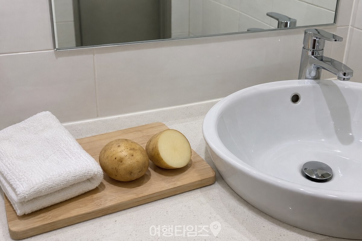 마른 수건으로 닦아 둔 거울과 도마 위의 감자 반쪽. / 기사 이해를 돕기 위한 생성형 이미지