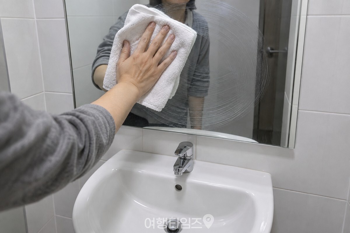 마른 흰 수건으로 거울 표면을 원을 그리며 닦아 내는 모습. / 기사 이해를 돕기 위한 생성형 이미지