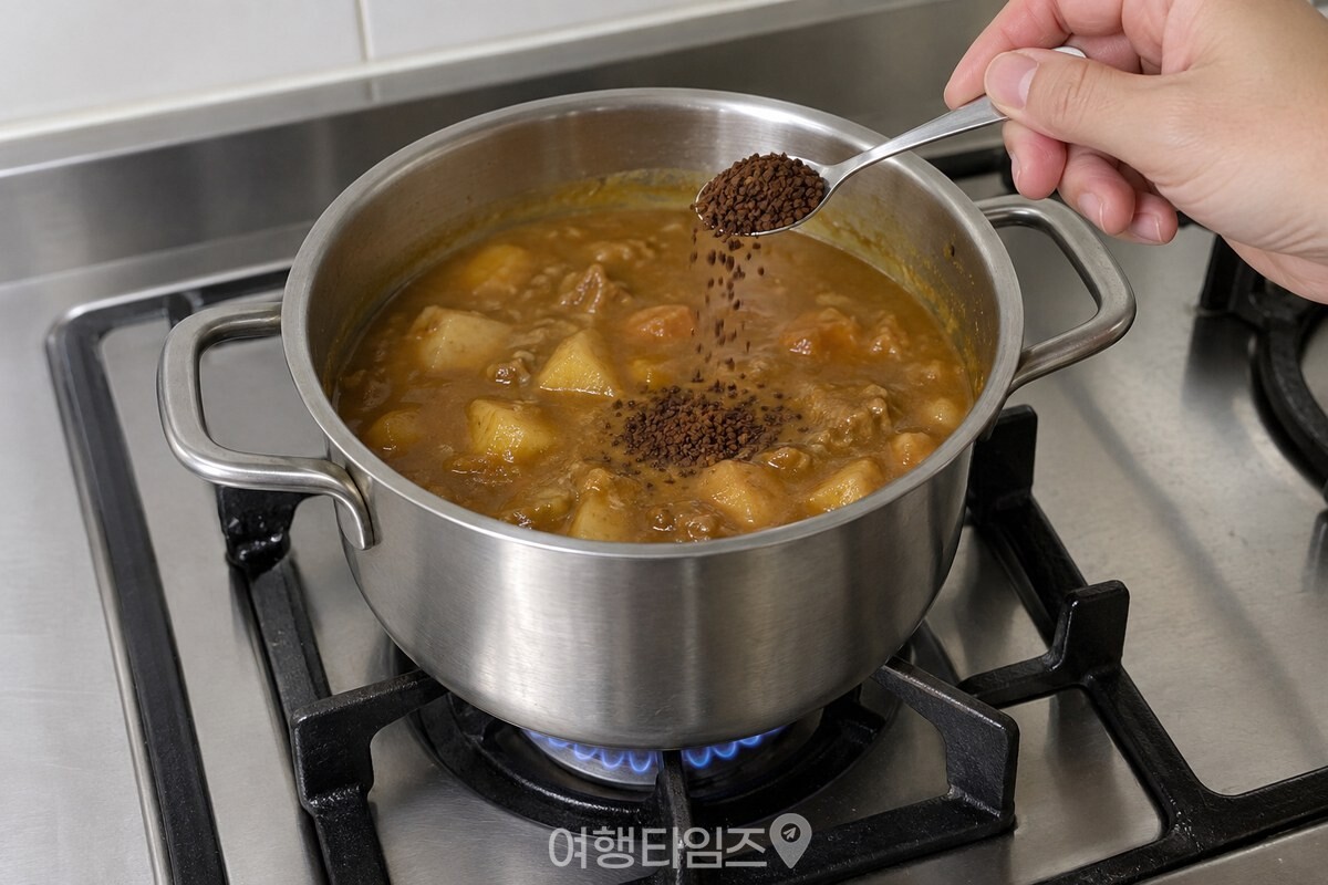 걸쭉해지기 시작한 카레에 약한 불에서 커피를 넣는 중간 단계. / 기사 이해를 돕기 위한 생성형 이미지