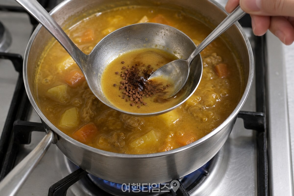 카레 국물을 덜어 낸 국자 안에서 인스턴트 커피를 먼저 풀어 주는 모습. / 기사 이해를 돕기 위한 생성형 이미지