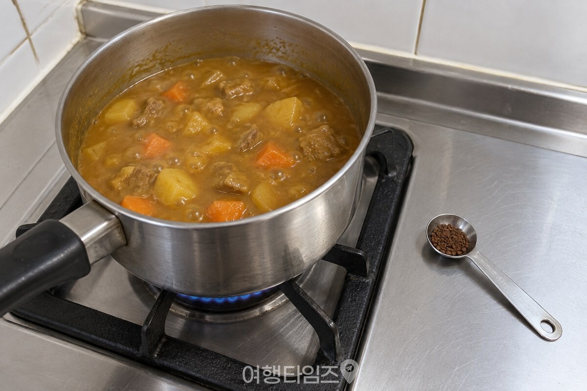 걸쭉하게 졸인 카레 냄비 옆에 반 스푼 이하의 인스턴트 커피를 담은 계량스푼을 놓은 모습. / 기사 이해를 돕기 위한 생성형 이미지