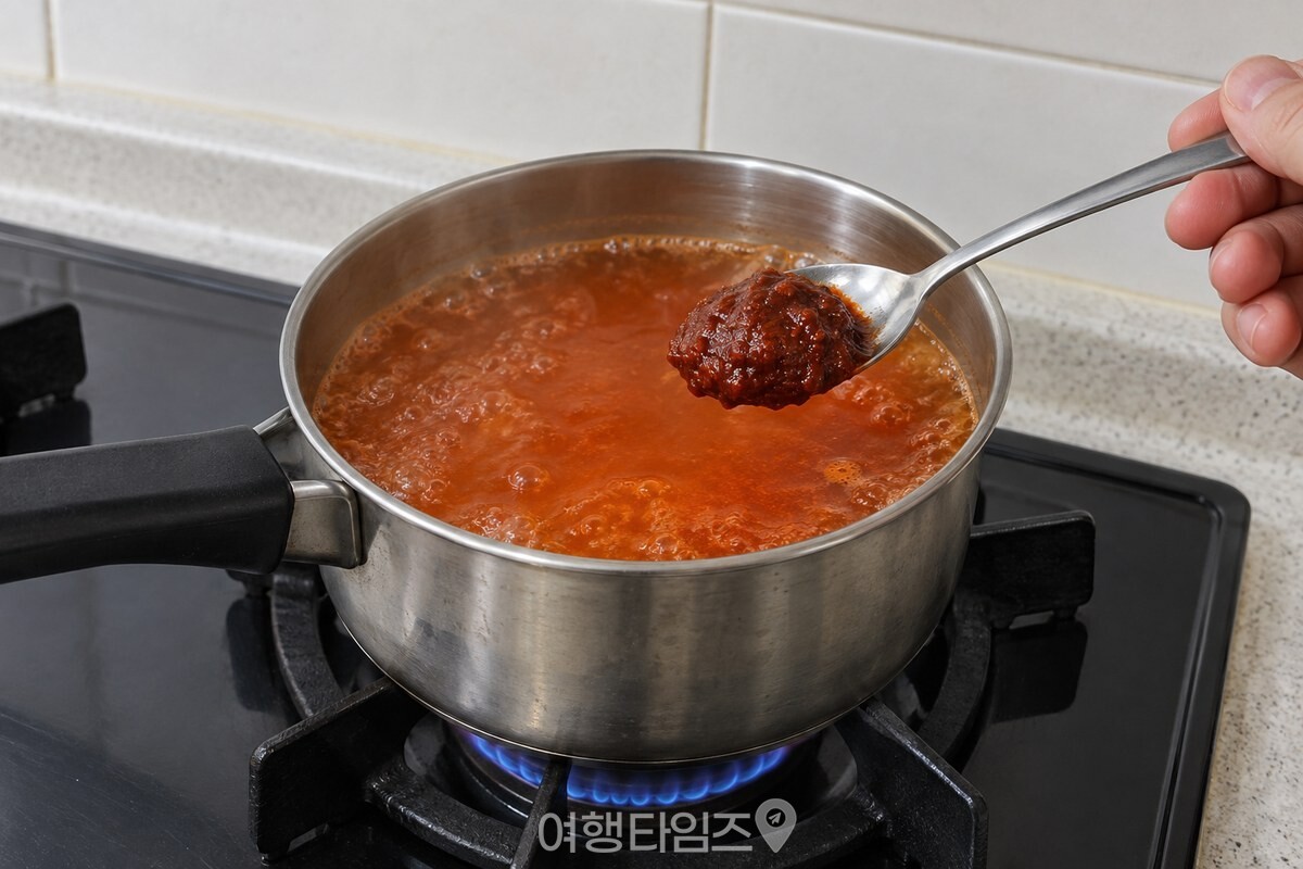 끓는 붉은 라면 국물에 쌈장을 풀기 전 냄비와 쌈장 숟가락을 가까이 담은 모습 / 기사 이해를 돕기 위한 생성형 이미지