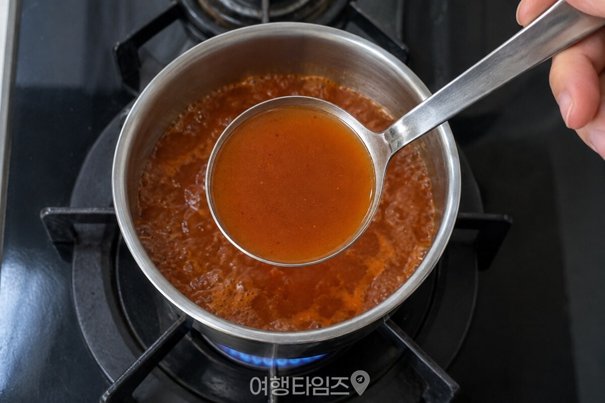 국자에 뜬 라면 국물 안에서 쌈장을 고르게 갠 장면 / 기사 이해를 돕기 위한 생성형 이미지