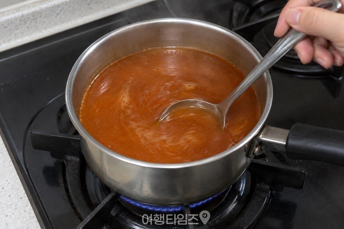쌈장이 풀려 붉은 갈색을 띠는 라면 국물을 국자로 저어 주는 모습 / 기사 이해를 돕기 위한 생성형 이미지