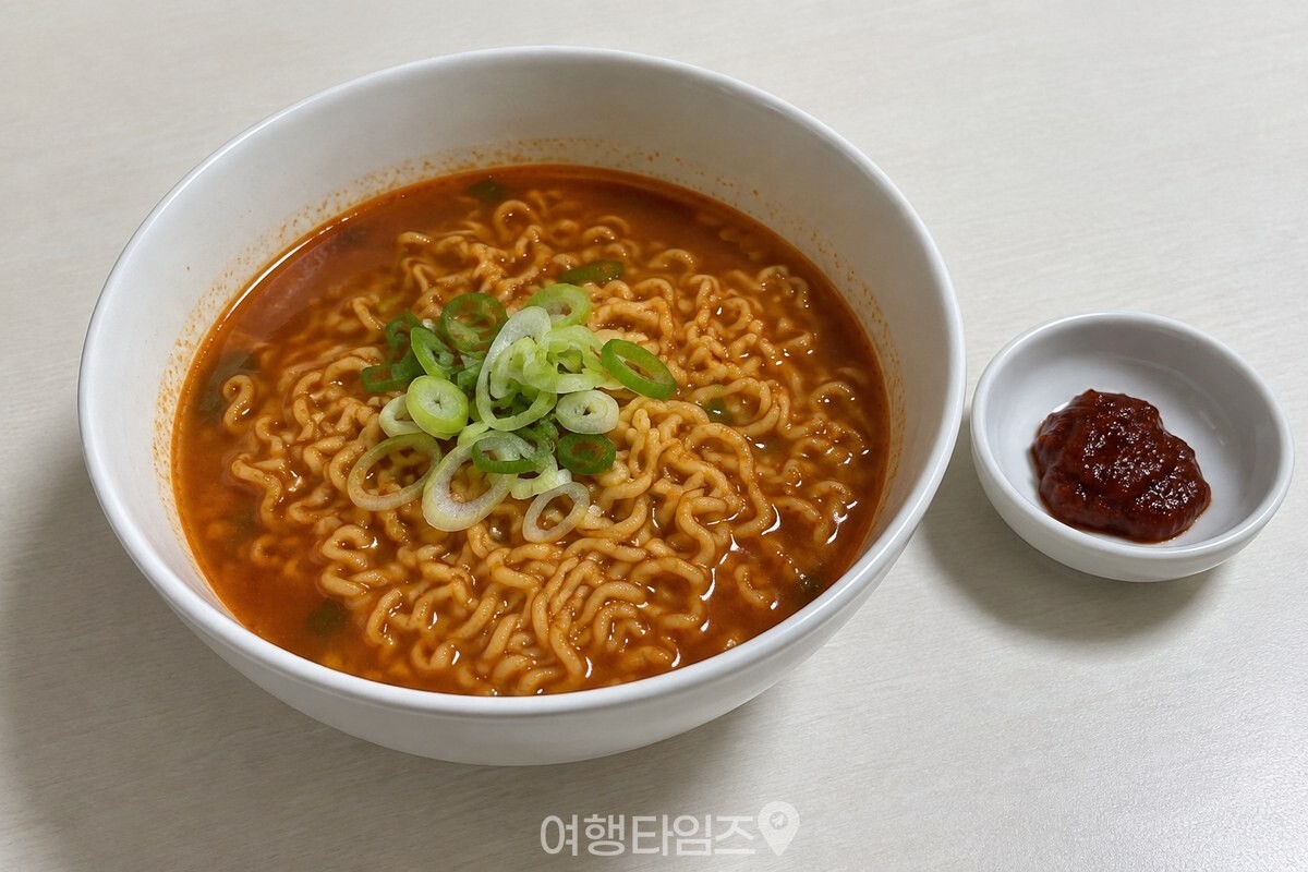 대파를 올린 붉은 국물 라면 한 그릇과 남은 쌈장을 담은 작은 종지 / 기사 이해를 돕기 위한 생성형 이미지