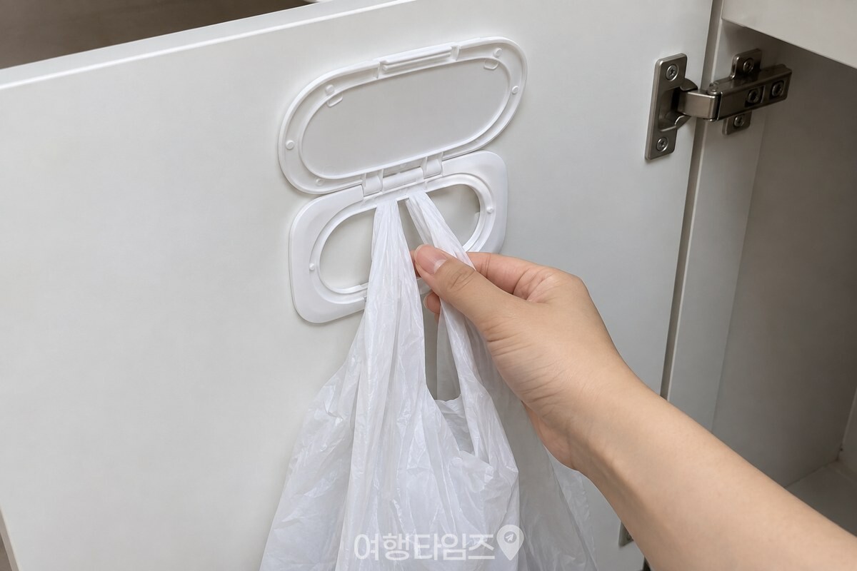 깨끗한 손이 물티슈 뚜껑 안쪽에 비닐봉지 손잡이 두 개를 넣고 있다. / 기사 이해를 돕기 위한 생성형 이미지