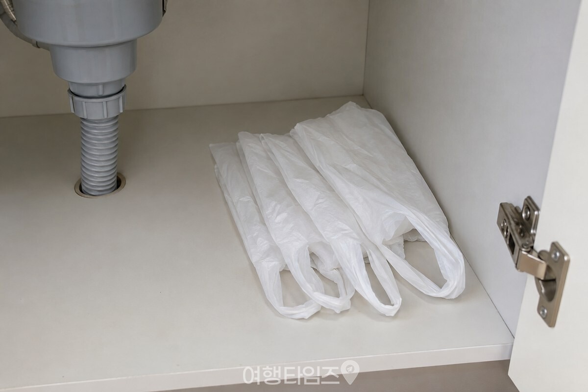 싱크대 하부장 바닥 한쪽에 접힌 비닐봉지 몇 장이 느슨하게 모여 있다. / 기사 이해를 돕기 위한 생성형 이미지