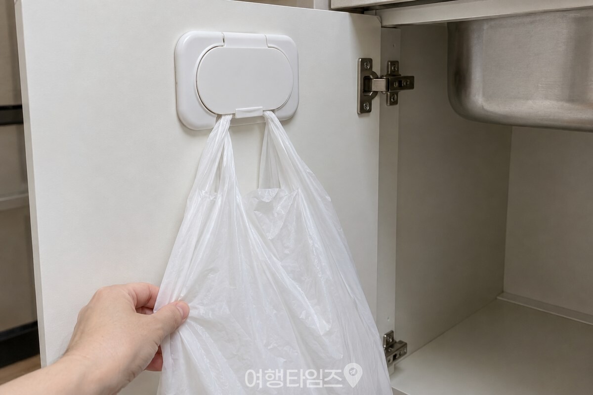 싱크대 하부장 문에 고정한 비닐봉지를 손으로 아래로 가볍게 당겨 보고 있다. / 기사 이해를 돕기 위한 생성형 이미지