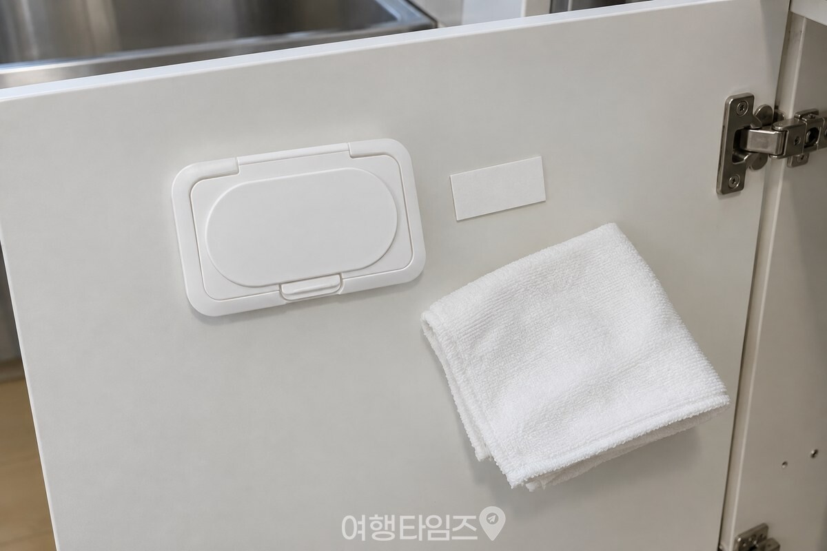 물티슈 비닐에서 떼어 낸 흰 뚜껑과 작은 양면테이프 조각이 깨끗한 싱크대 문 앞에 놓여 있다. / 기사 이해를 돕기 위한 생성형 이미지