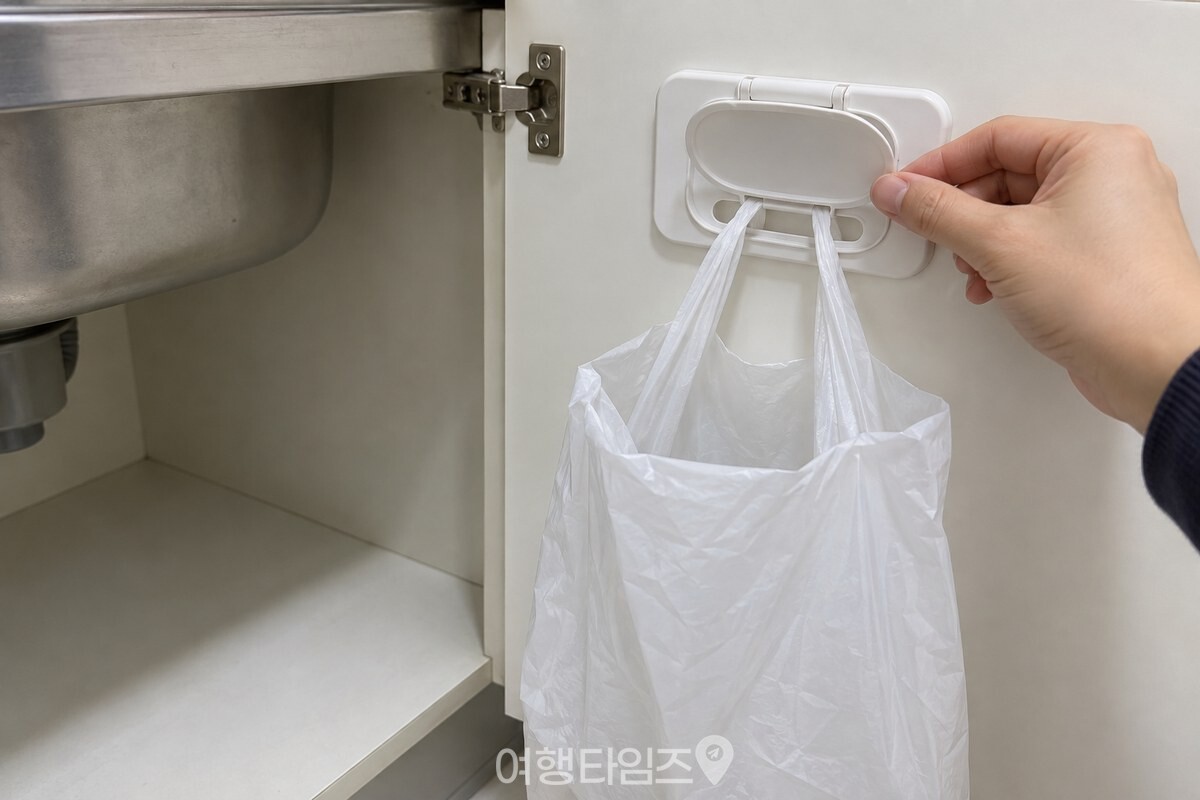 싱크대 하부장 문 안쪽에 붙인 물티슈 뚜껑에 흰 비닐봉지 손잡이가 끼워져 있다. / 기사 이해를 돕기 위한 생성형 이미지