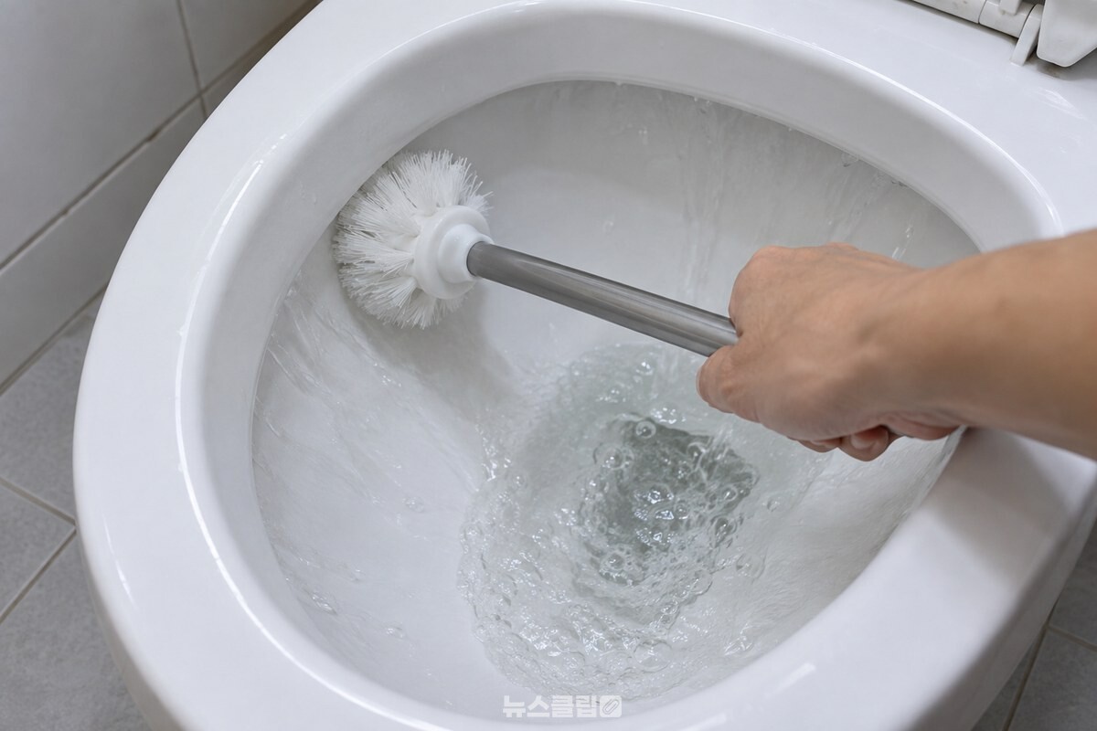 물을 내리며 변기 안쪽 벽에 솔모를 대고 헹구는 모습. / 기사 이해를 돕기 위한 생성형 이미지