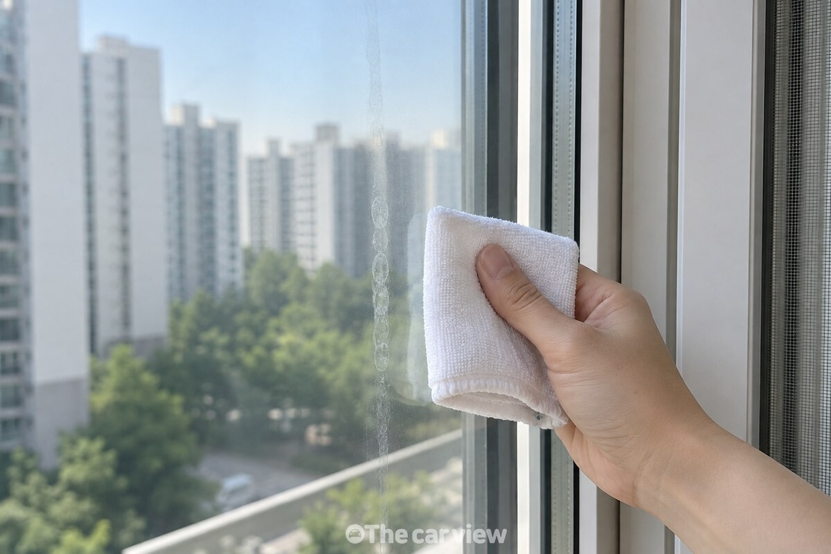 물걸레로 닦은 뒤에도 유리 한쪽에 옅게 남아 있는 테이프 자국. / 기사 이해를 돕기 위한 생성형 이미지