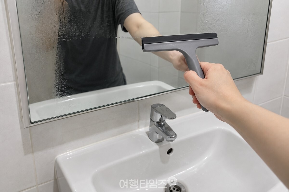 욕실 거울의 물기를 작은 창문 청소용 밀대로 닦아 내는 손 / 기사 이해를 돕기 위한 생성형 이미지