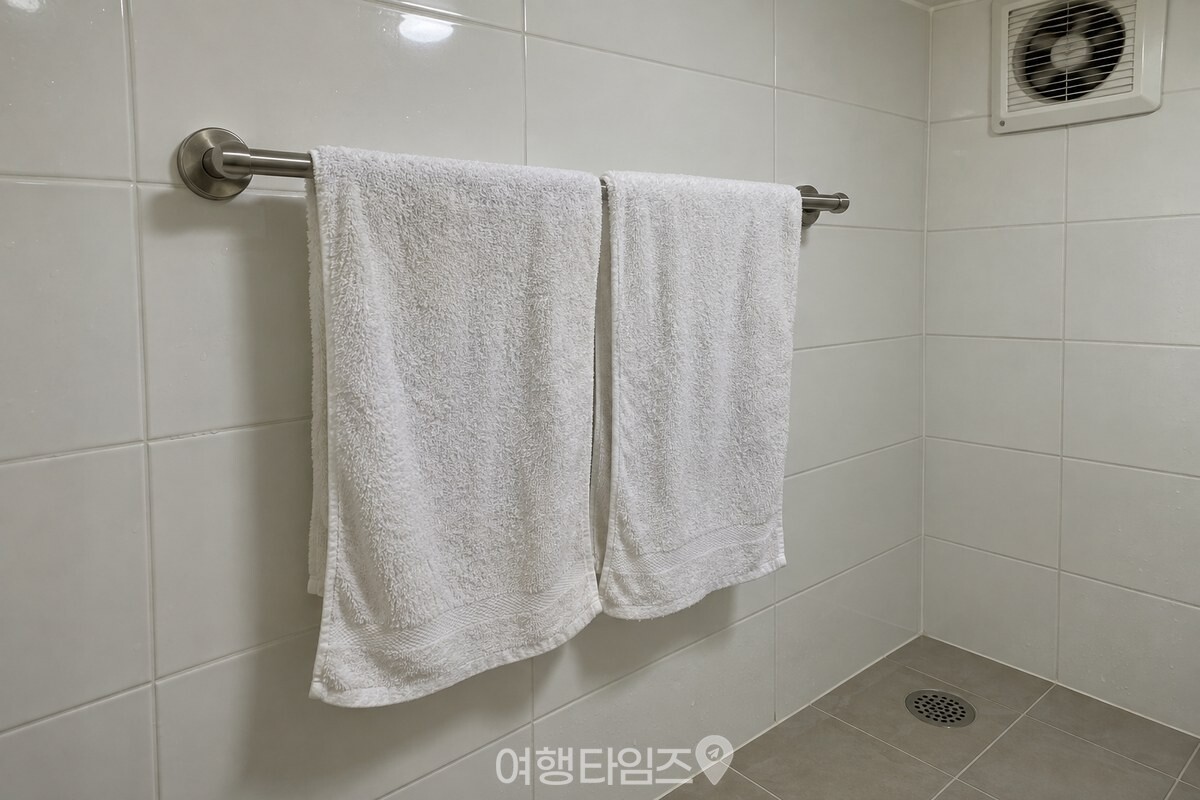 환풍기가 켜진 습식 욕실의 수건걸이에 젖은 수건 두 장이 가까이 걸린 모습 / 기사 이해를 돕기 위한 생성형 이미지