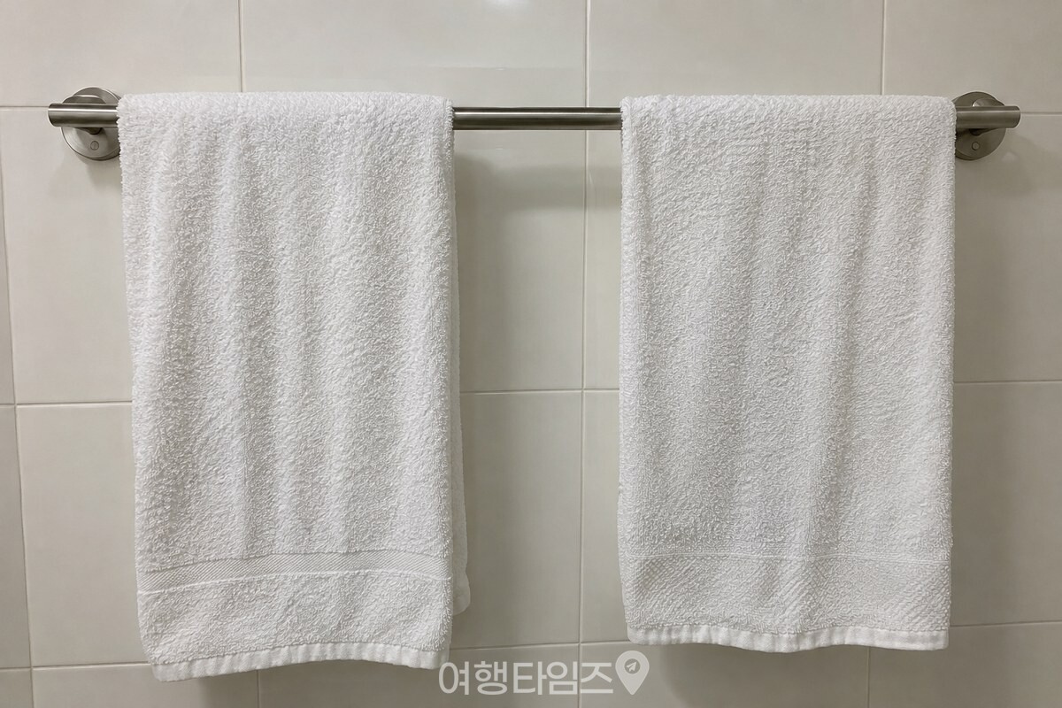 수건걸이에 긴 쪽을 펼친 흰 수건 두 장 사이로 간격을 둔 모습 / 기사 이해를 돕기 위한 생성형 이미지