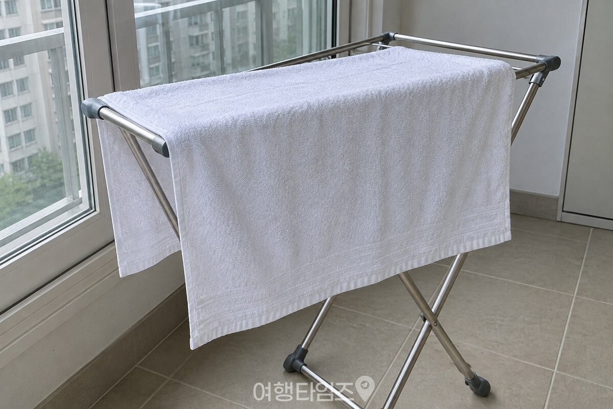 욕실 밖 베란다의 접이식 건조대에 젖은 수건 한 장을 넓게 펼쳐 넌 모습 / 기사 이해를 돕기 위한 생성형 이미지