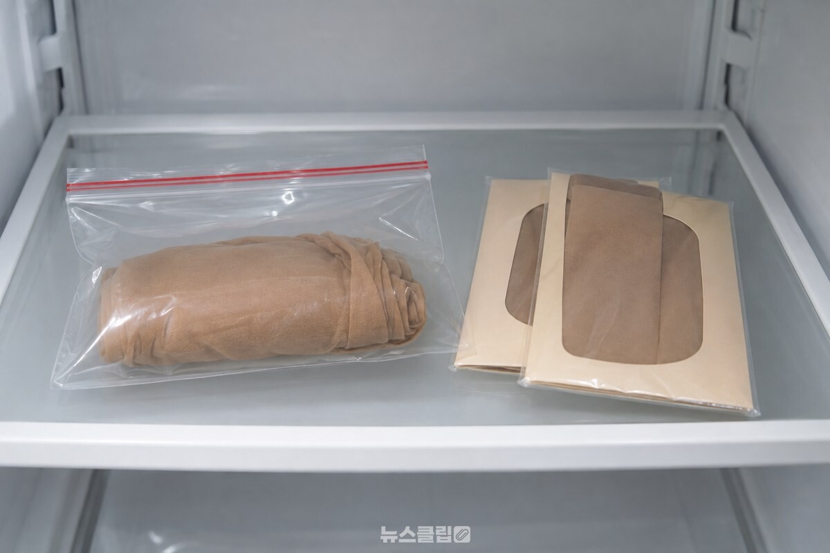냉장실 선반에 밀봉해 둔 새 스타킹 포장과 지퍼팩이다. / 기사 이해를 돕기 위한 생성형 이미지