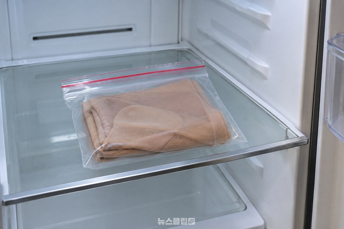 입구를 닫은 지퍼팩에 넣은 스타킹을 냉장실 선반에 올려둔 모습이다. / 기사 이해를 돕기 위한 생성형 이미지