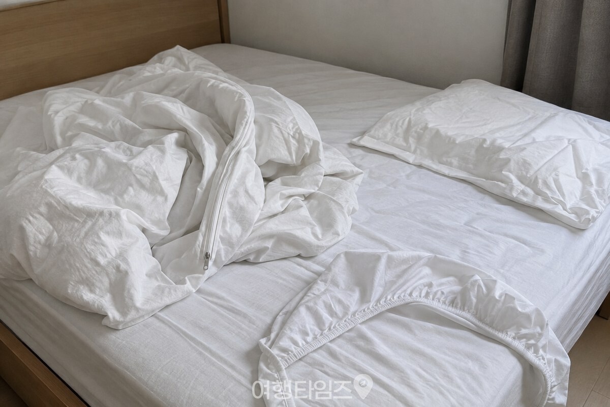 침대 위에 벗겨 놓은 흰 면 이불 커버와 시트가 세탁을 기다리고 있다. / 기사 이해를 돕기 위한 생성형 이미지